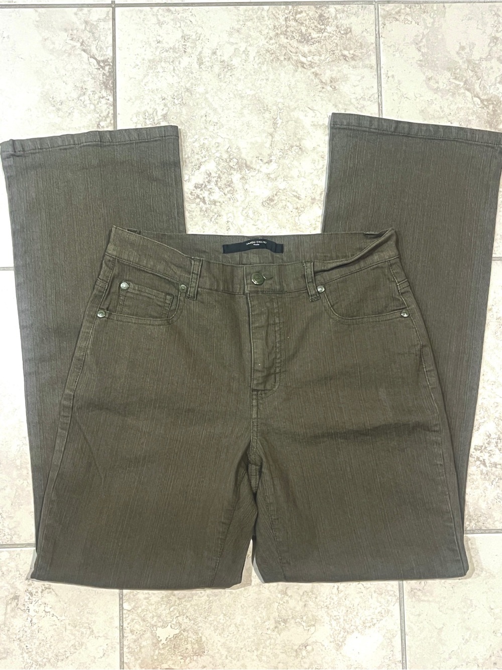Simon Chang Olive Metallic Straight-Leg Jeans size 4